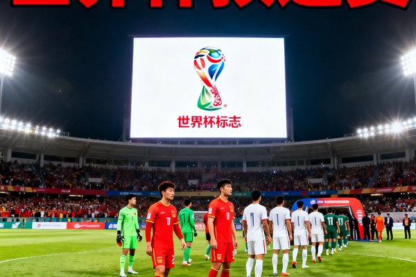 世界杯预选赛新闻封面，国家队球员列队出场，球场大屏幕显示世界杯标志